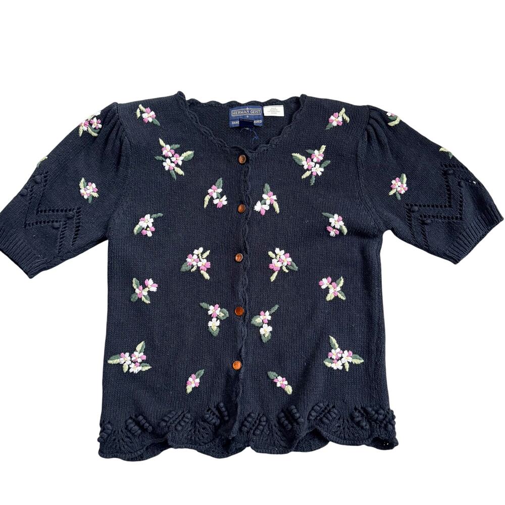 Vtg 1990s Herman Geist Black Hand Embroidered Floral Short Sleeve Sweater Small